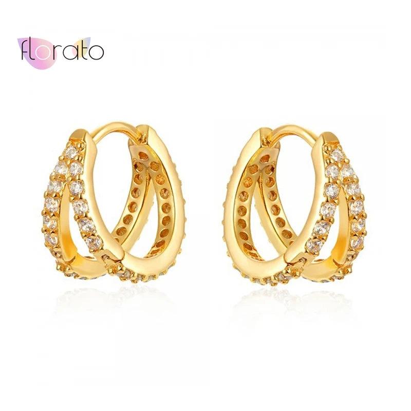 925 Silver Needle Double Layer Circle Hoop Earring CZ Crystal Huggie Jewelry