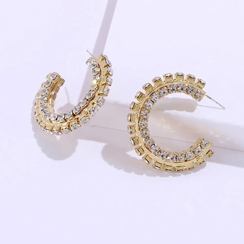 Baroque Rhinestone C-shaped Hoop Earrings Crystal Stacked Circle Earri