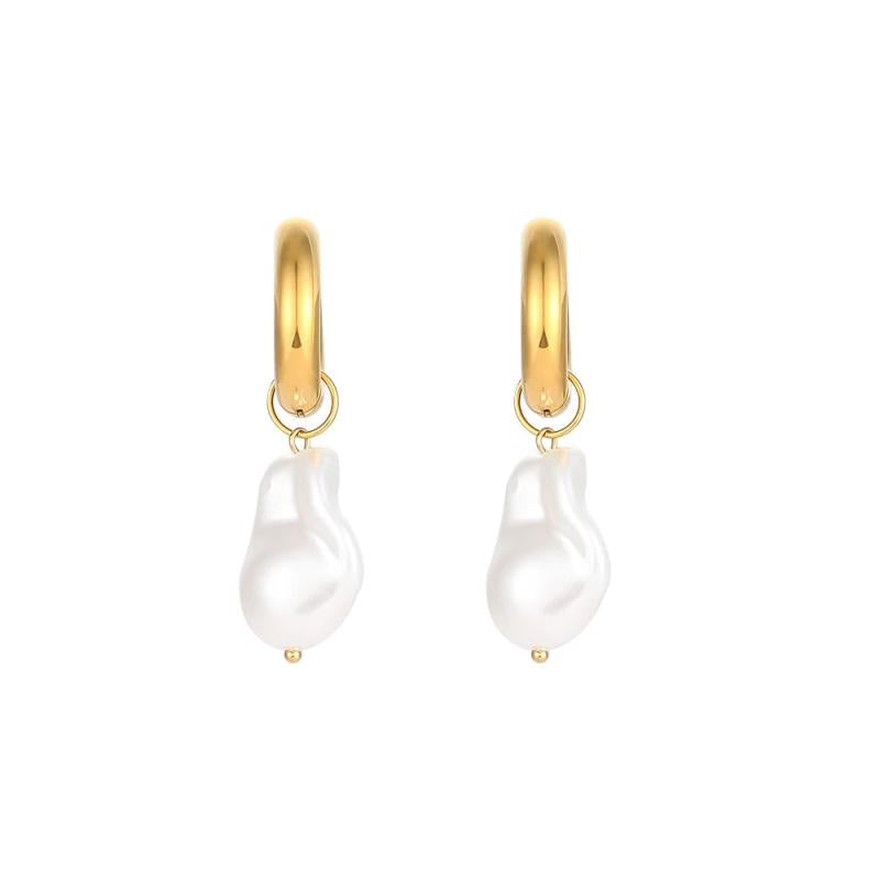 Chunky Hoop Earrings with Baroque Pearl Charm