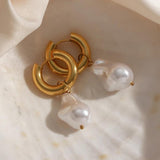 Chunky Hoop Earrings with Baroque Pearl Charm
