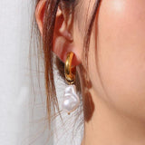 Chunky Hoop Earrings with Baroque Pearl Charm