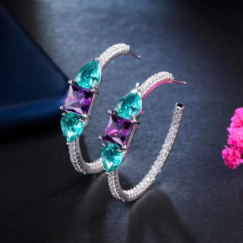 Sparkly Purple Green CZ Round Hoop Earrings CZ256