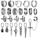 Gothic Punk Stainless Steel Hoop Earrings Skeleton Cross Heart Design