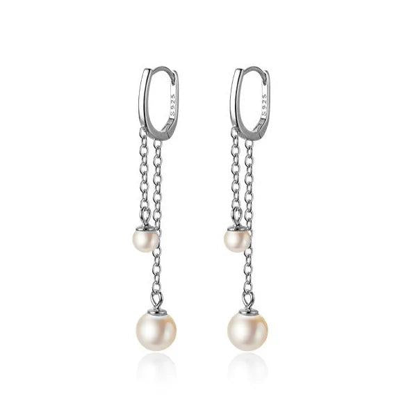 Davis Sterling Silver Hoop Earrings Chain Pearls Gift Women Wedding Jewelry