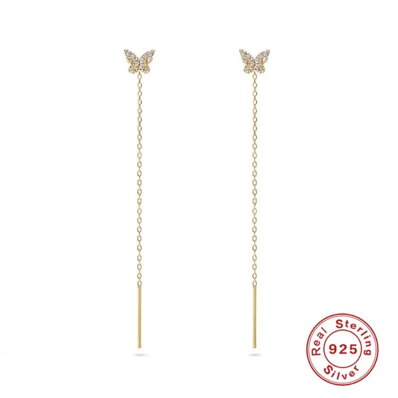 925 Silver Butterfly Earrings with Zircon Chains Drop Studs