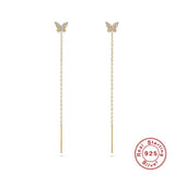 925 Silver Butterfly Earrings with Zircon Chains Drop Studs