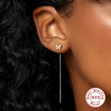 925 Silver Butterfly Earrings with Zircon Chains Drop Studs
