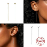 925 Silver Butterfly Earrings with Zircon Chains Drop Studs