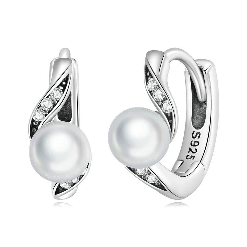 925 Silver Pearl Ring & Zircon Hoop Earrings Set - Vintage Style Wedding Jewelry
