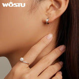 925 Silver Pearl Ring & Zircon Hoop Earrings Set - Vintage Style Wedding Jewelry