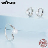 925 Silver Pearl Ring & Zircon Hoop Earrings Set - Vintage Style Wedding Jewelry