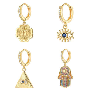 Religious Evil Eye Dangle Earring Copper Pave CZ Flower Hand Jewelry