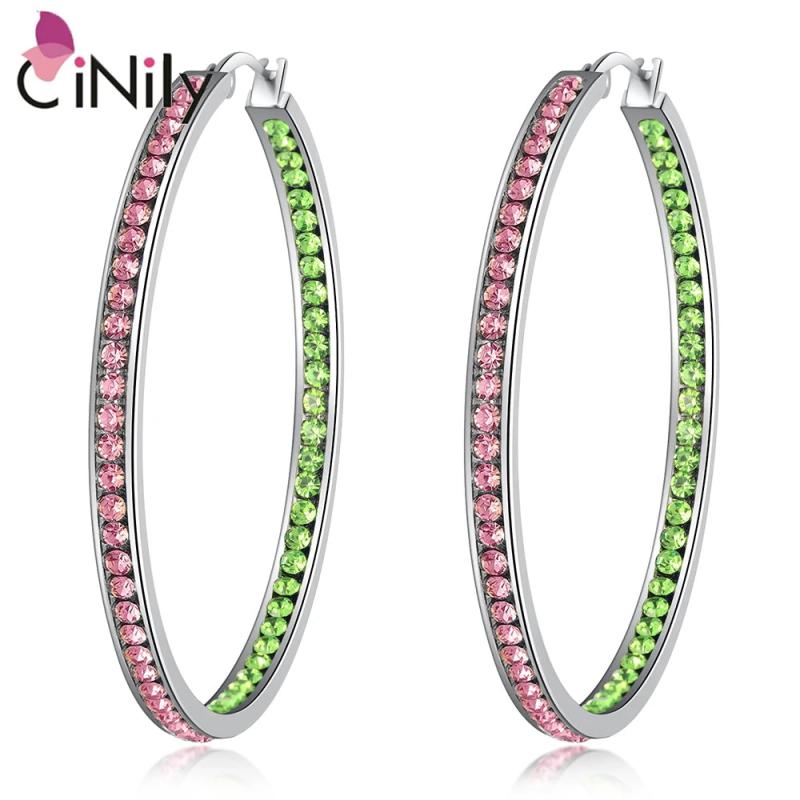 Multicolor Crystal Stainless Steel Sliver Hoop Earrings