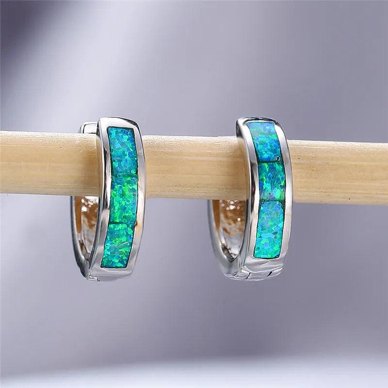 Green Opal Stone Earrings Classic Silver Hoop Dainty Bridal Wedding