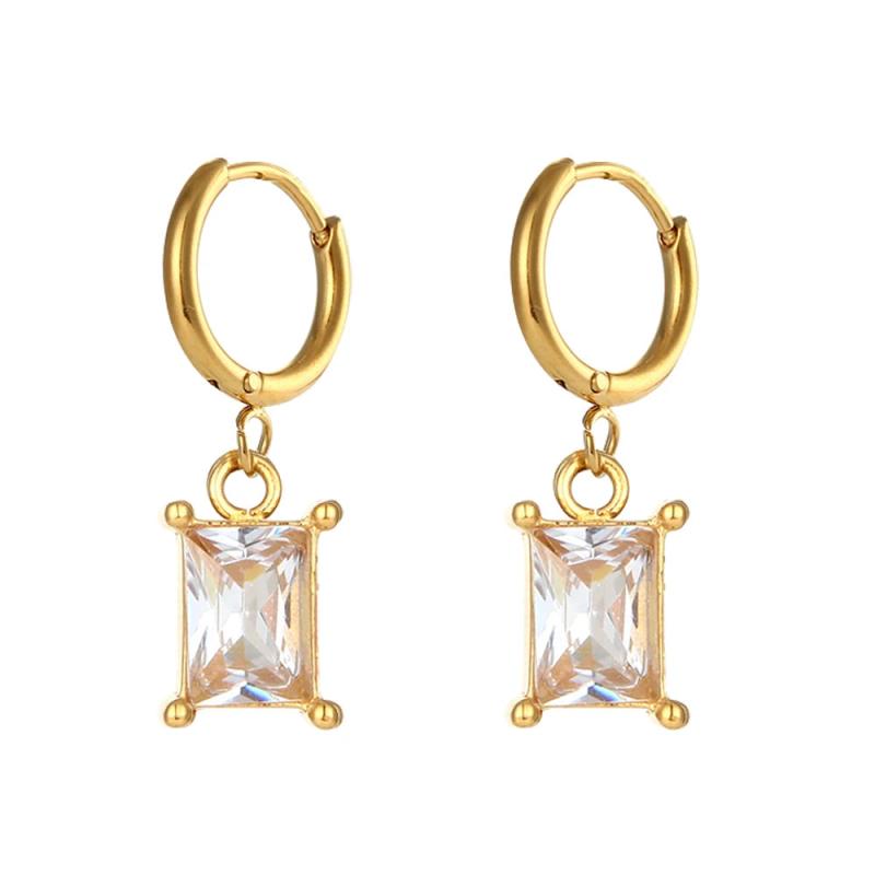 Zircon Stone Charm Huggie Hoop Earrings Stainless Steel Colorful