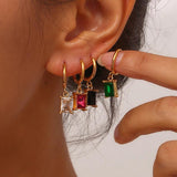 Zircon Stone Charm Huggie Hoop Earrings Stainless Steel Colorful