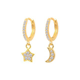 925 Silver Hoop Earrings Moon Star Zircon Round Huggie Earring