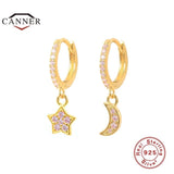925 Silver Hoop Earrings Moon Star Zircon Round Huggie Earring