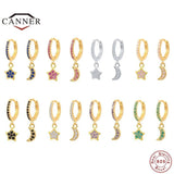 925 Silver Hoop Earrings Moon Star Zircon Round Huggie Earring