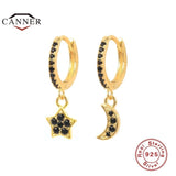 925 Silver Hoop Earrings Moon Star Zircon Round Huggie Earring