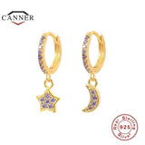 925 Silver Hoop Earrings Moon Star Zircon Round Huggie Earring