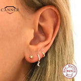 925 Silver Hoop Earrings Moon Star Zircon Round Huggie Earring