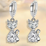 Silver Cat Hoop Earrings Pink Animal Earrings