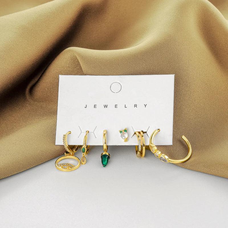 6 Pcs Lucky Green Zircon Earrings Set For Women