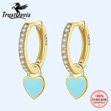 Trustdavis Glaze Heart Dangle Hoop Earrings 925 Silver CZ Jewelry