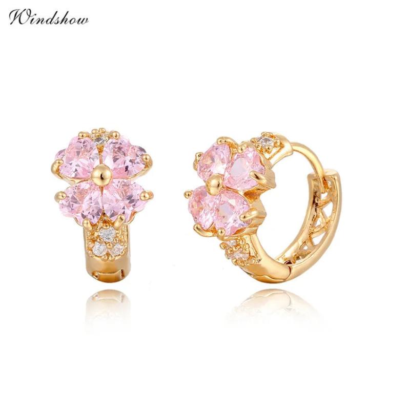 Yellow Heart Pink CZ Clover Hoop Earrings