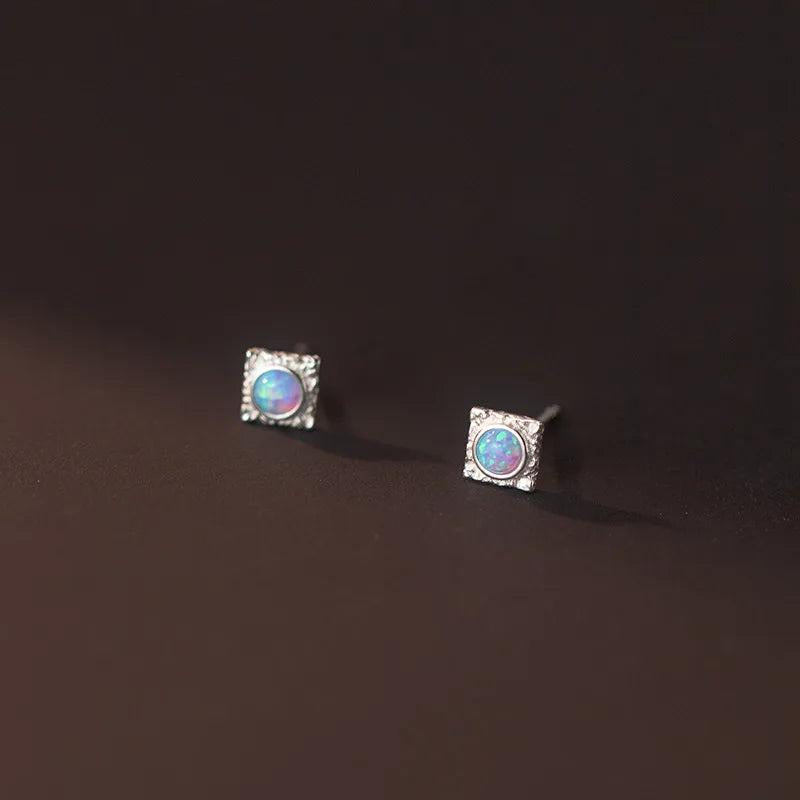 925 Silver Opal Square Hoop Earrings Women OL Minimalist Jewelry