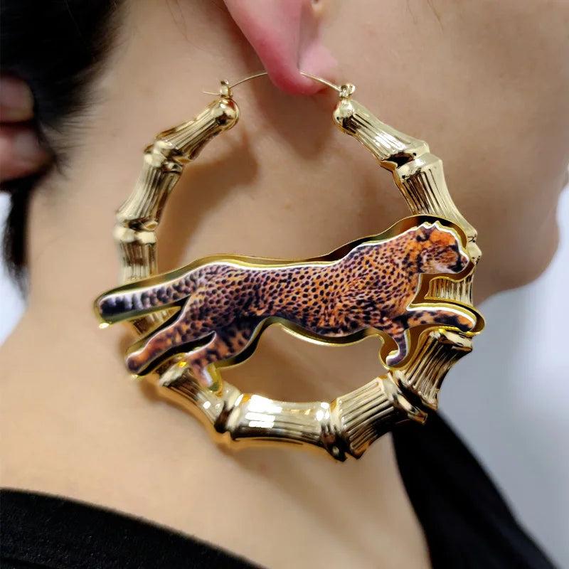 Leopard Print Bamboo Hoop Earrings Retro Vintage
