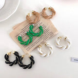 Leather Metal Twisted Weave Geometric Circel Green Earrings