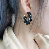Leather Metal Twisted Weave Geometric Circel Green Earrings