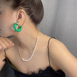 Leather Metal Twisted Weave Geometric Circel Green Earrings