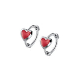 925 Sterling Silver Red Heart Hoop Earrings Bohemian Fine Jewelry