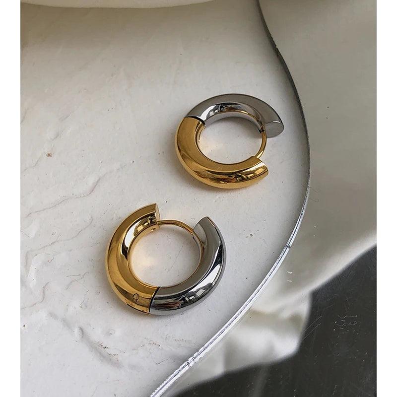 Two Tone Thick Hoop Earrings for Women Stainless Steel Huggie Earring