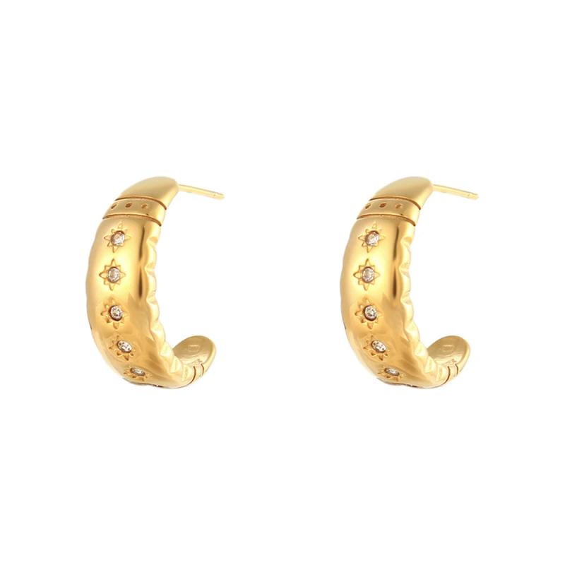 Zirconia Paved C Shape Hoop Earrings Stainless Steel Stud Earrings