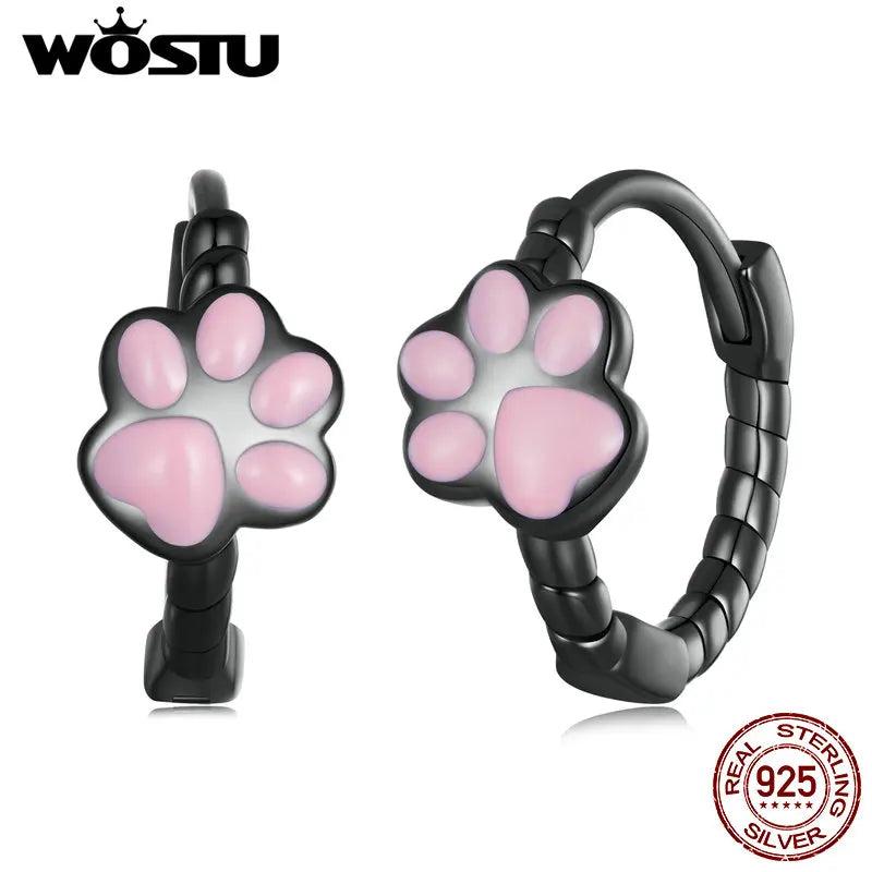 Sterling Silver Pink Cat Claw Hoop Earrings Animal Drop Ear Clips