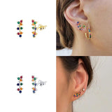 925 Silver Crystal Hoop Earrings Rainbow Zircon Circle Huggie Jewelry