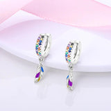 Colorful CZ Indian Feather Earrings Hoop Silver Party Gift for Mom