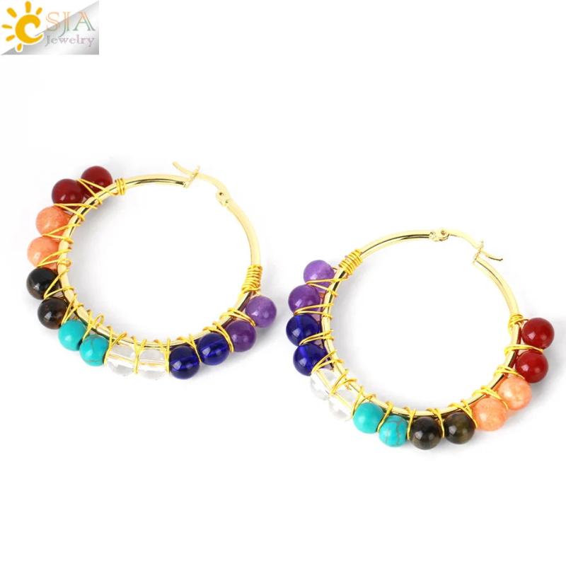 CSJA Natural Stone Crystal Earrings Stainless Steel Hoop for Women