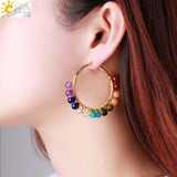 CSJA Natural Stone Crystal Earrings Stainless Steel Hoop for Women