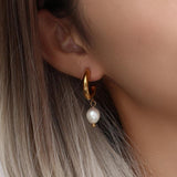 Freshwater Pearl Charm Hoop Earrings Stainless Steel Pearl Earring