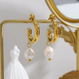 Freshwater Pearl Charm Hoop Earrings Stainless Steel Pearl Earring