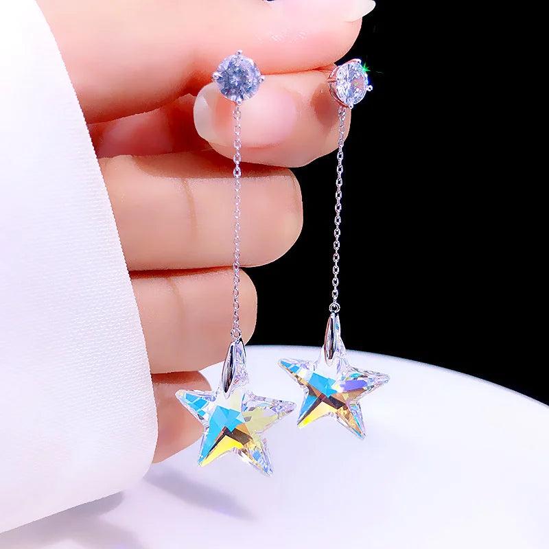 Crystal Star Long Earrings, Elegant Net Red Ear Jewelry