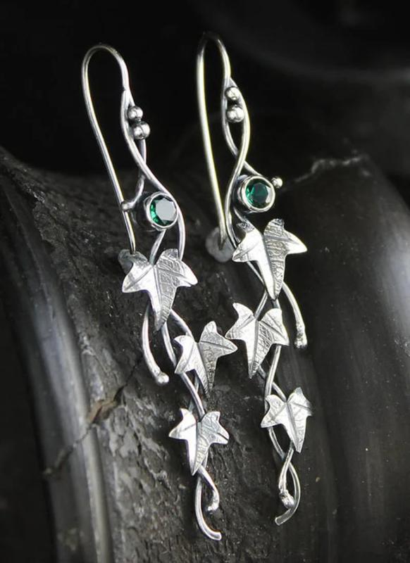 Vintage Silver Leaf Earrings with Green Zircon Inlay