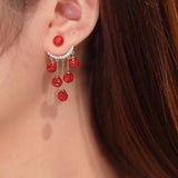 Rhinestone Ball Tassel Earrings Red Long Earrings Women