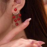 Rhinestone Ball Tassel Earrings Red Long Earrings Women