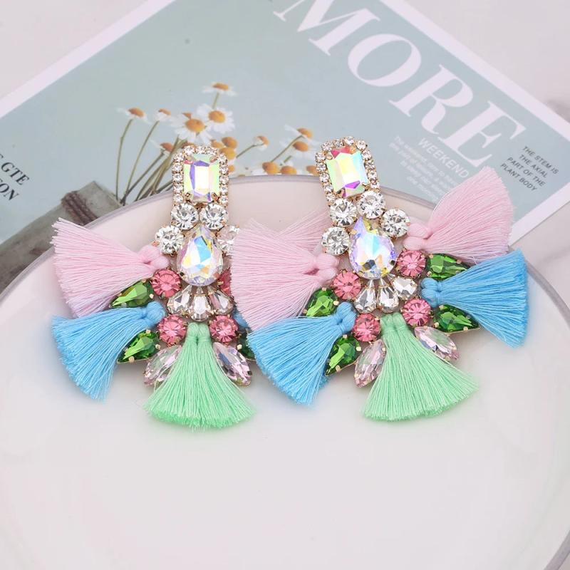 Boho Rhinestone Tassel Drop Earrings for Women Wedding Jewelry